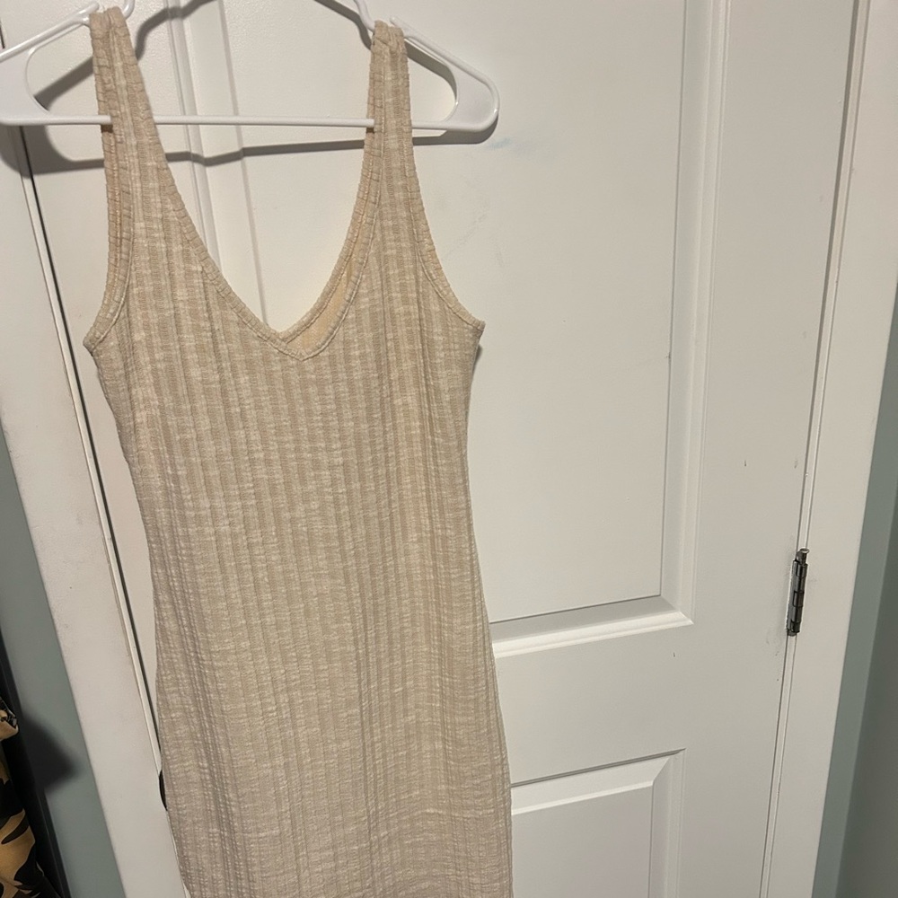 Beige Ribbed V-Neck Tank Dress